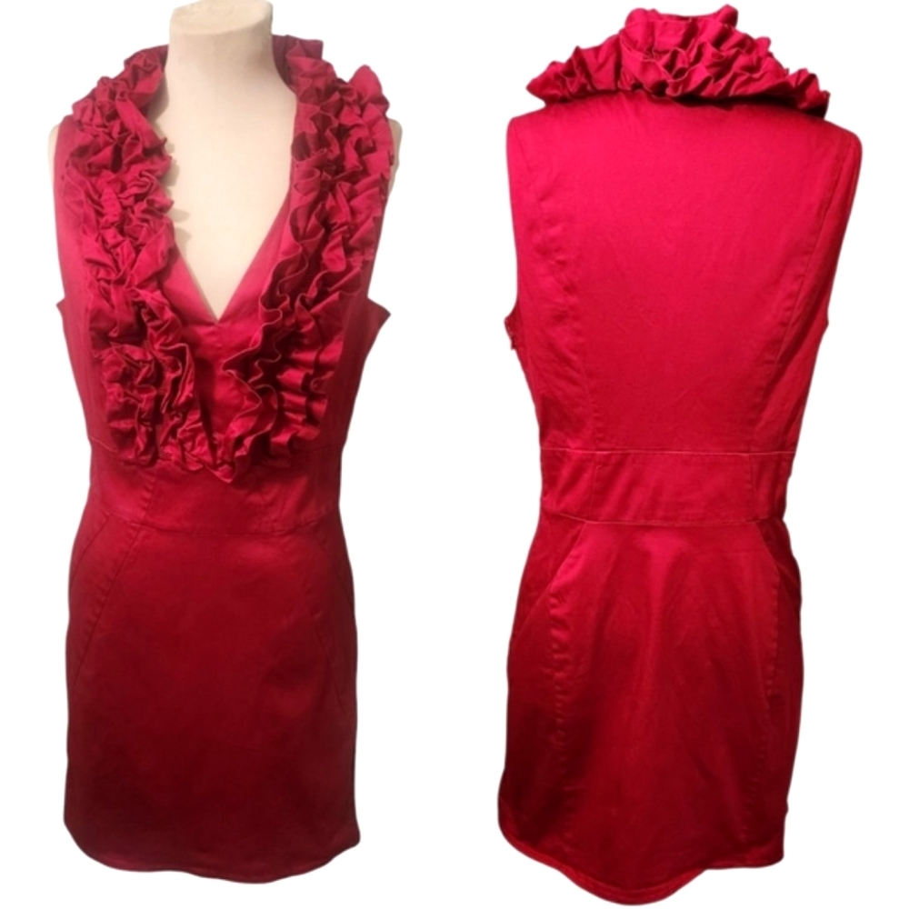 TED BAKER Red Ruffle Sleeveless Sheath Dress - Size 10 - Picture 2 of 14